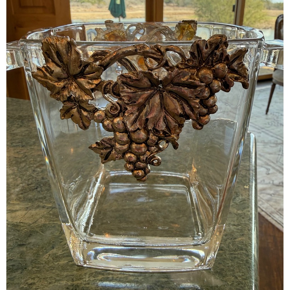 Arthur Court Grape Ice Bucket Heavy Glass w/ Cast Aluminum Vine Handles
